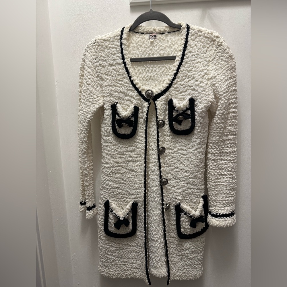 Textured Ivory Bouclé Cardigan with Black Trim
